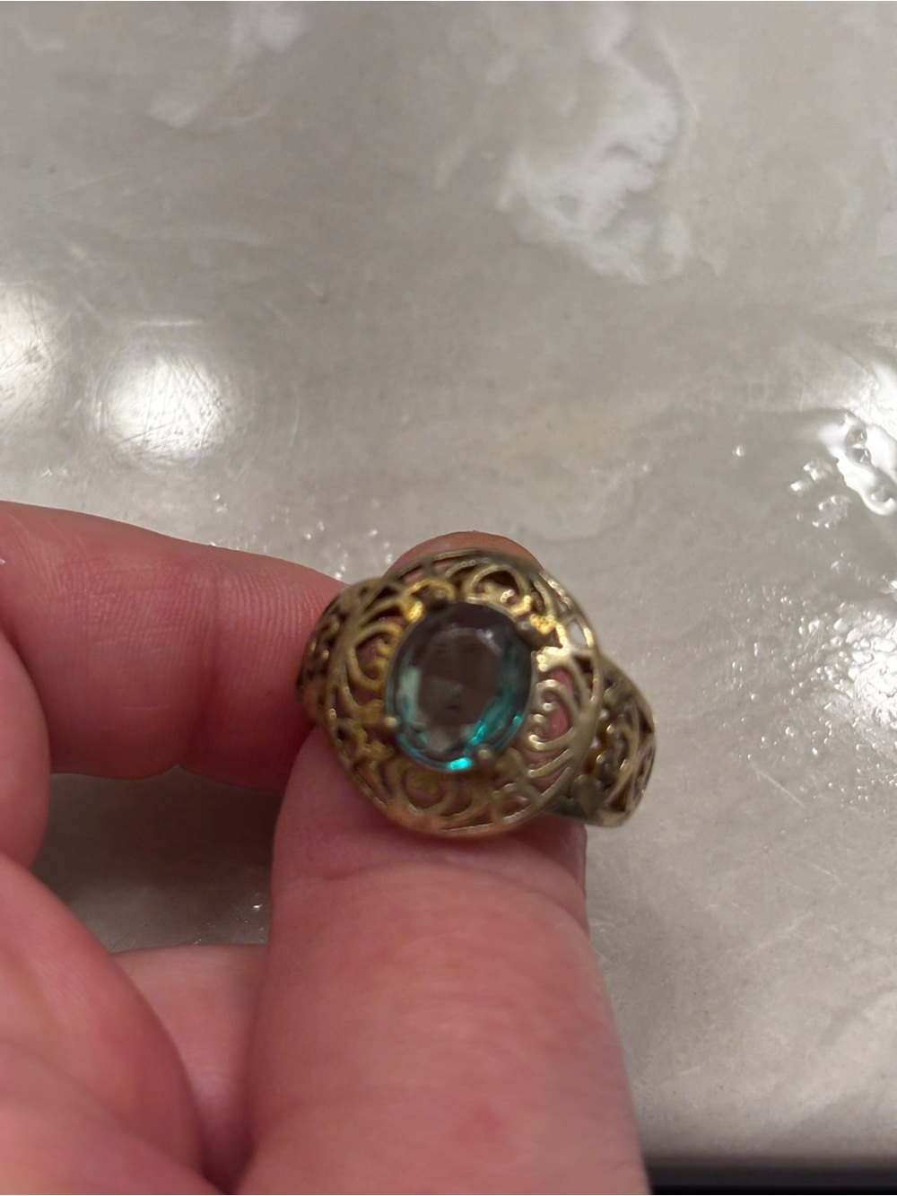 Gold Filigree Ring with Teal Glass Cabochon